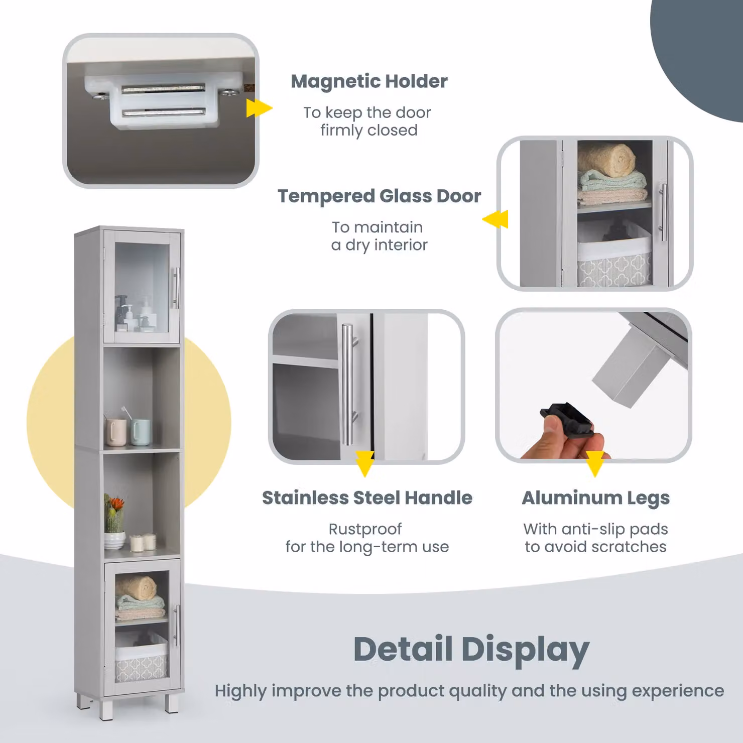 Costway Slim Freestanding Tall Bathroom Storage Cabinet with 2 Glass Doors in Grey – 3
