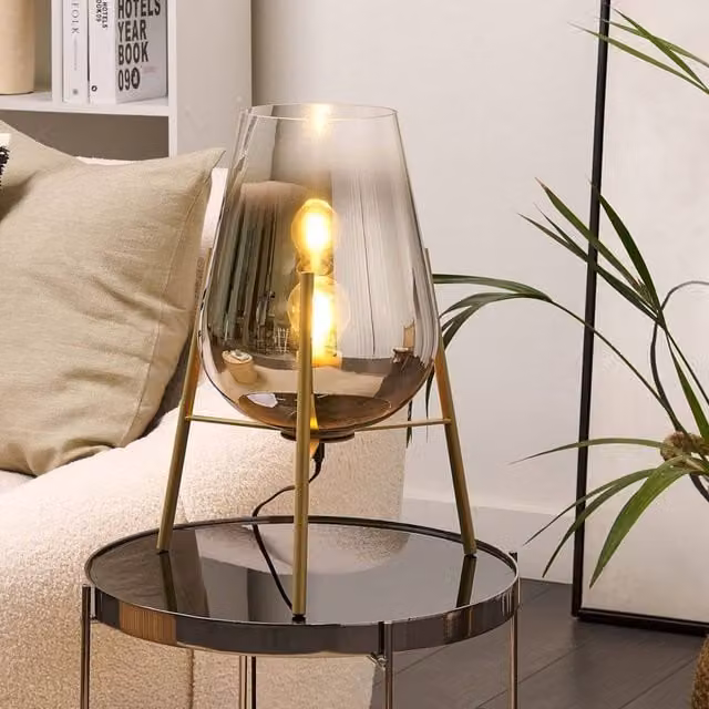 Wyld and Coco Gold Metal Table Lamp with Smoked Glass Shade