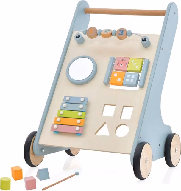Costway Blue Wooden Push Along Baby Walker with Music