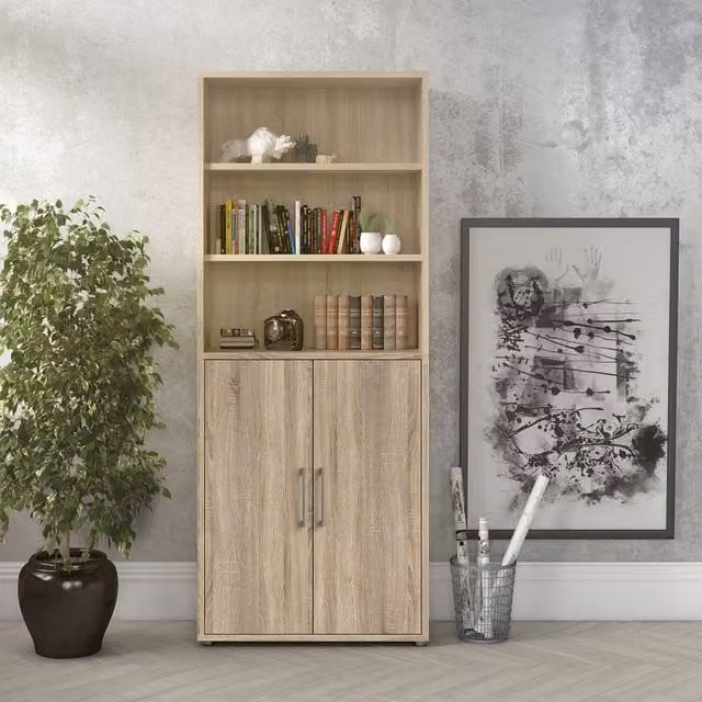 Furniture To Go Prima 5-Shelf 2-Door Modern Bookcase in Brown