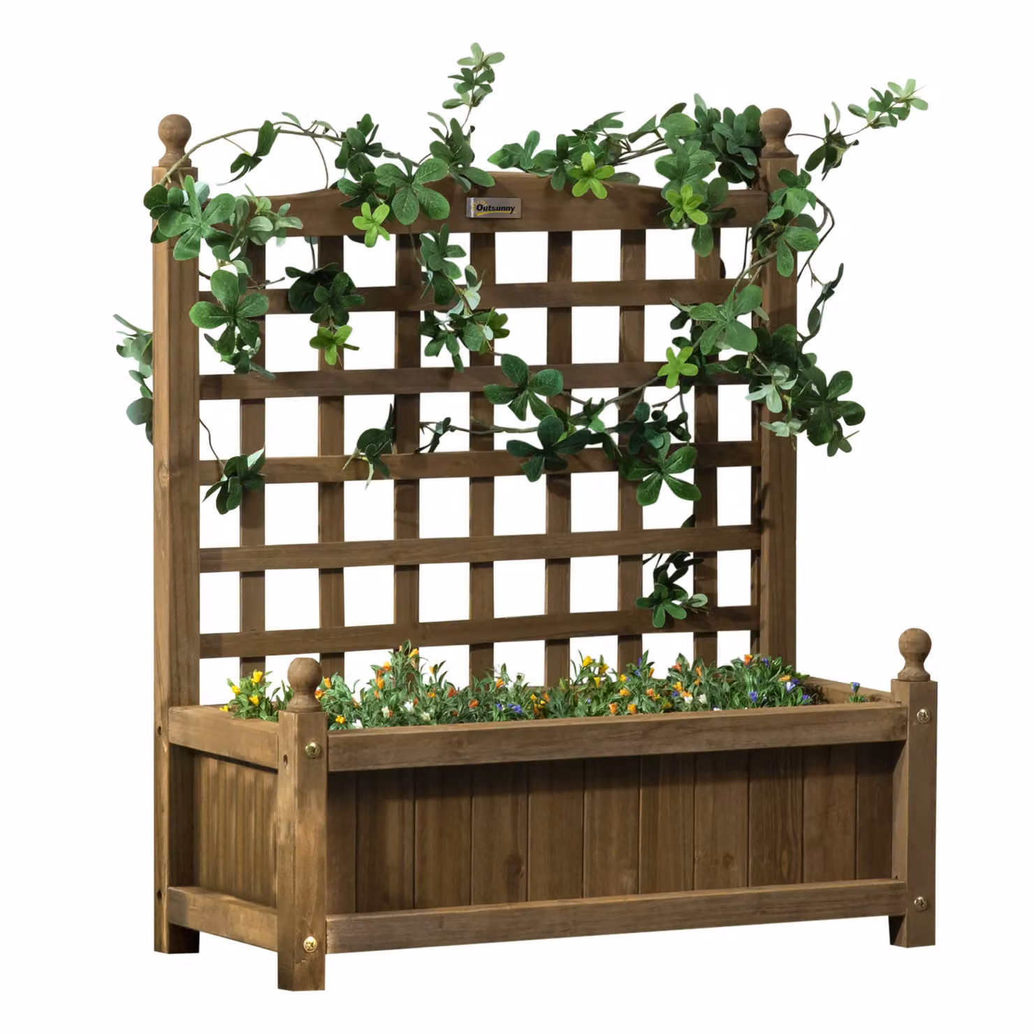 Outsunny Wooden Raised Garden Bed with Trellis for Climbing Plants, Brown, W: 64 cm, D: 28 cm, H: 75 cm – 2