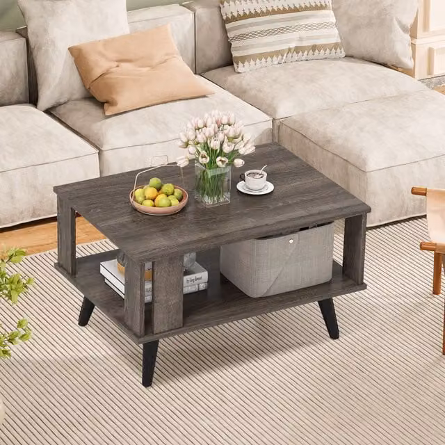 Gymax 2-Tier Wooden Small Coffee Table with Open Storage Shelf in Grey