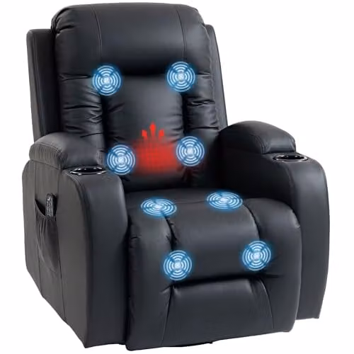 HOMCOM Black Faux Leather Recliner Armchair with Massage, Heat and Cup Holders
