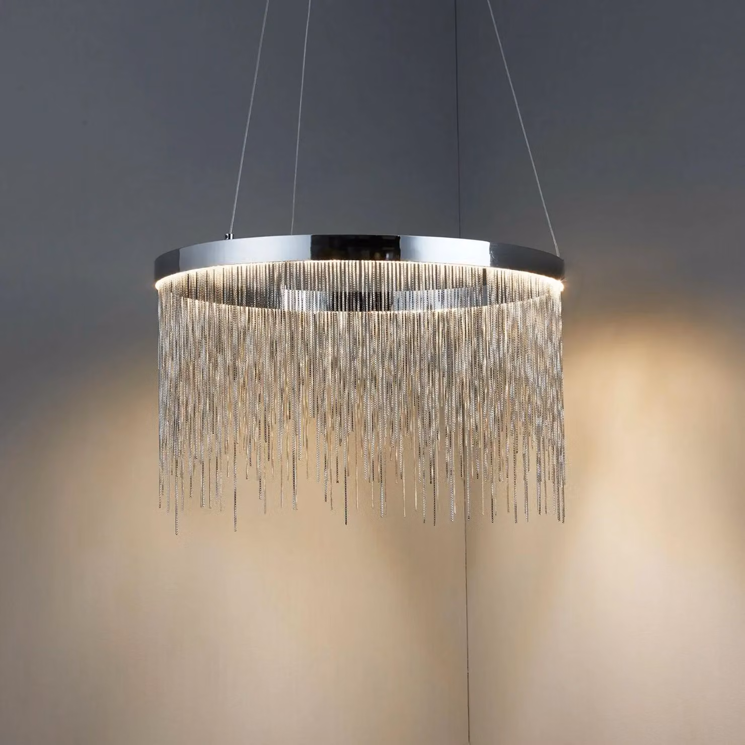Loops LED Ring Pendant Light in Chrome and Silver with Warm White Illumination – 3