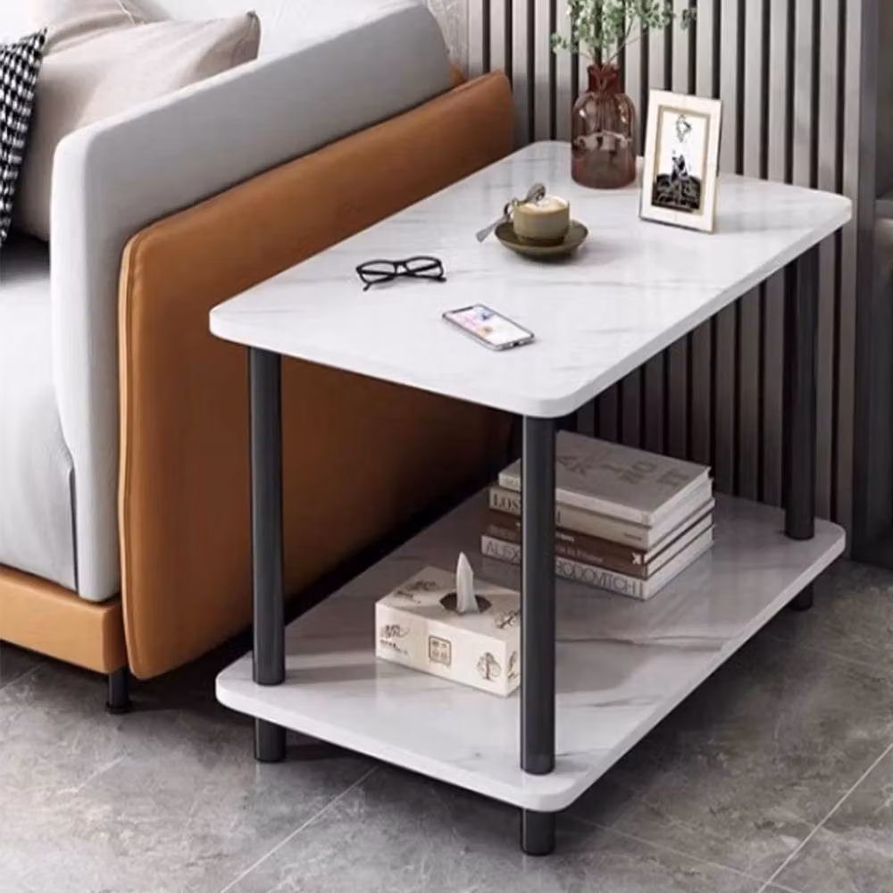 KORVIXA White 2-Tier Modern Side Table with Marble Effect Storage Shelf – 2