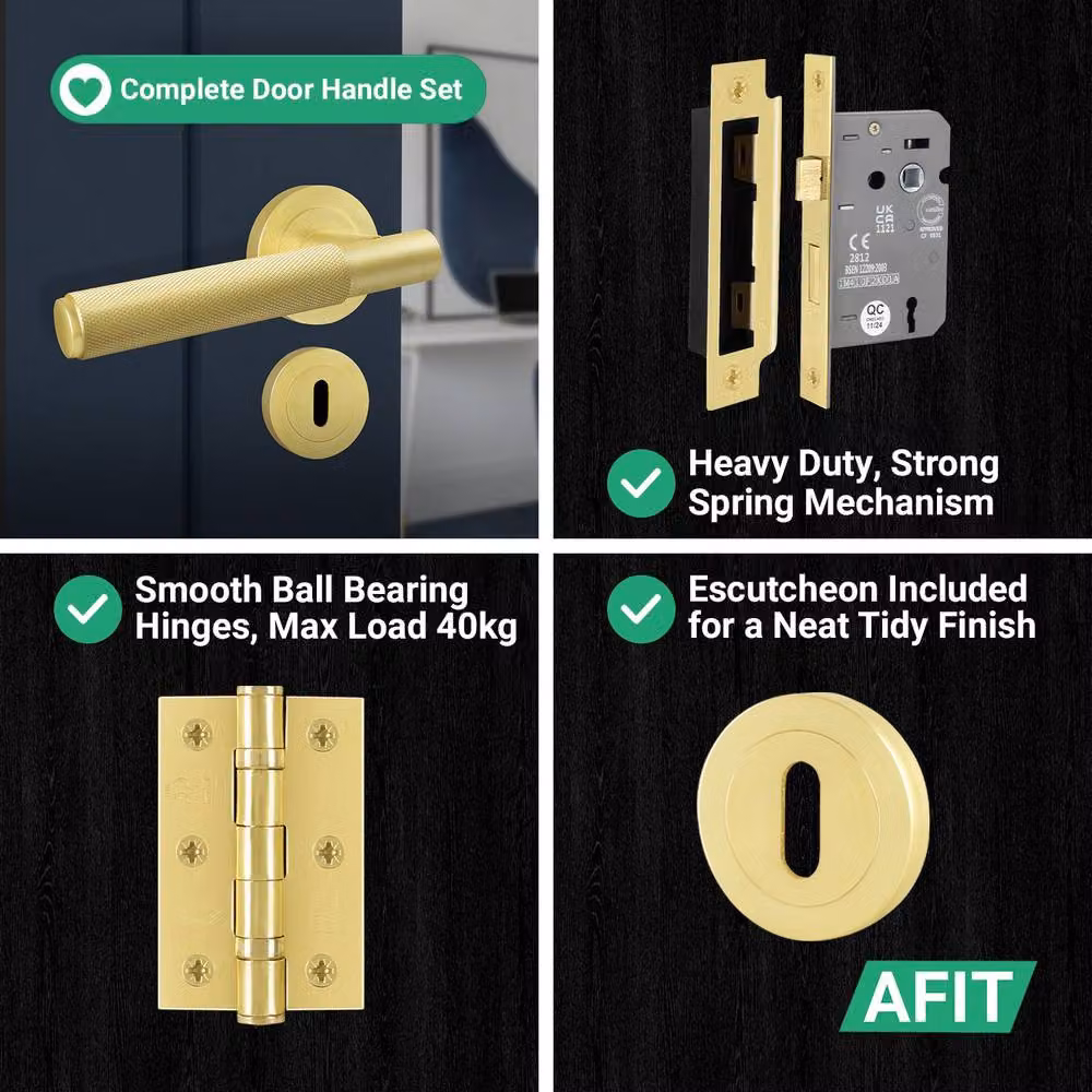 AFIT Satin Brass Round Rose Door Handle with Key Lock and Hinges in Gold – 5