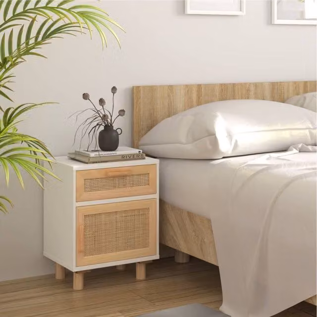 Berkfield Home Set of 2 White Solid Pine and Rattan Decorative Bedside Cabinets – 1