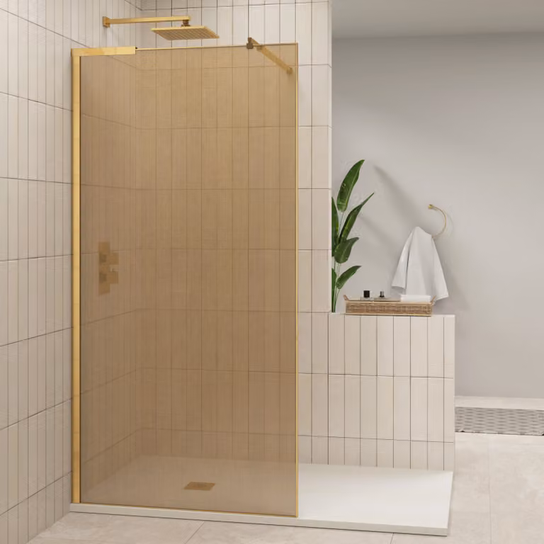 Regal Walk In Wet Room Shower Screen with Brushed Brass Mesh, 10mm Glass, Gold, W: 70 cm, H: 195 cm