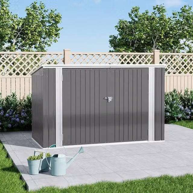 Lifeideas Grey Metal Garden Storage Shed with Double Doors and Hinged Lid, W: 207.26 cm, D: 103.63 cm, H: 216 cm