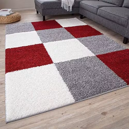 THE RUGS Modern Checked High Pile Shaggy Area Rug in Red and Grey, W/D/H: 140 x 200 x 3 cm – 1
