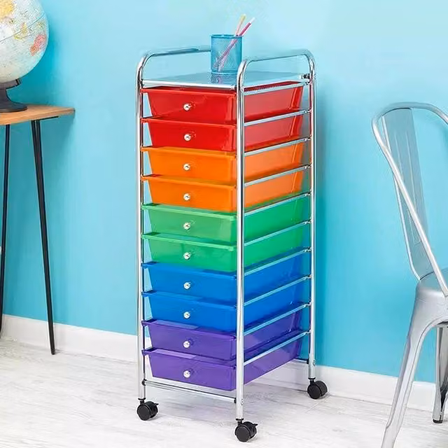 FLAVORA Multi 10 Drawer Makeup Mobile Home Trolley in Silver and Multicolour – 1