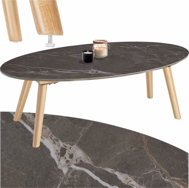 Tectake Nesting Coffee and Side Tables with Oval Marble Effect Composite Tops in Brown and Grey, W/D/H: 100 x 50 x 34.5 cm