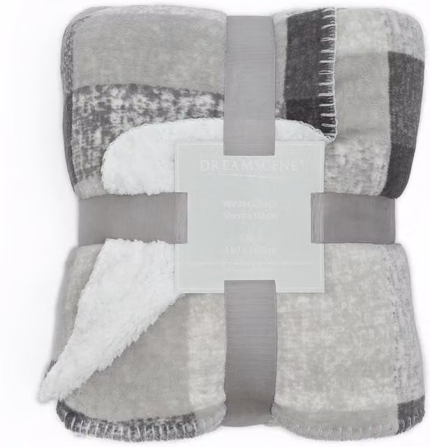Dreamscene Grey Checked Sherpa Flannel Fleece Throw Blanket