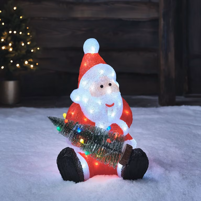 Lights4fun Outdoor LED Acrylic Santa with Christmas Tree and Fairy Lights, White, H 50 cm, W 49.5 cm, D 31 cm
