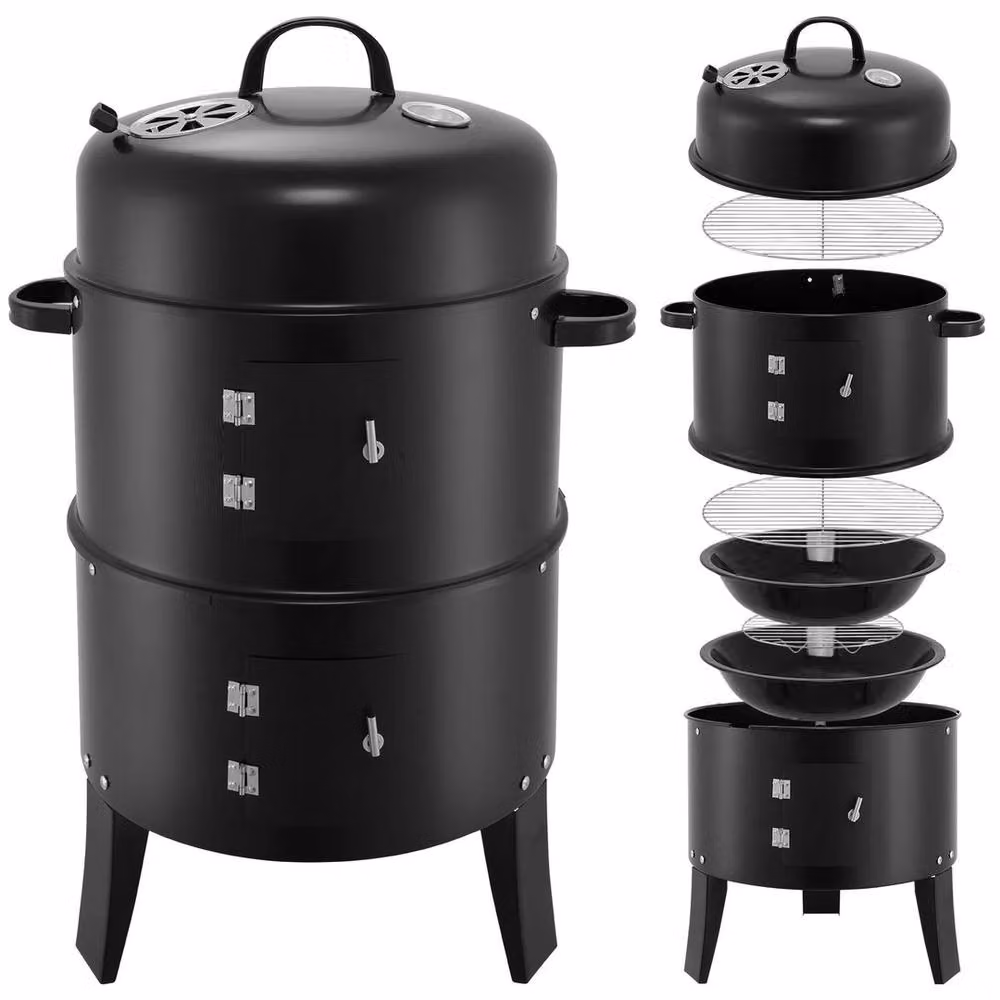 KORVIXA 32 inch 3-in-1 Charcoal Smoker BBQ Grill and Vertical Outdoor Cooker in Black – 3