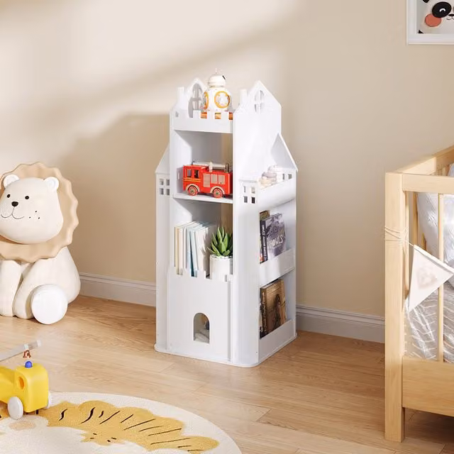 Livingandhome 4-Tier Castle Rotating Kids Bookshelf in White