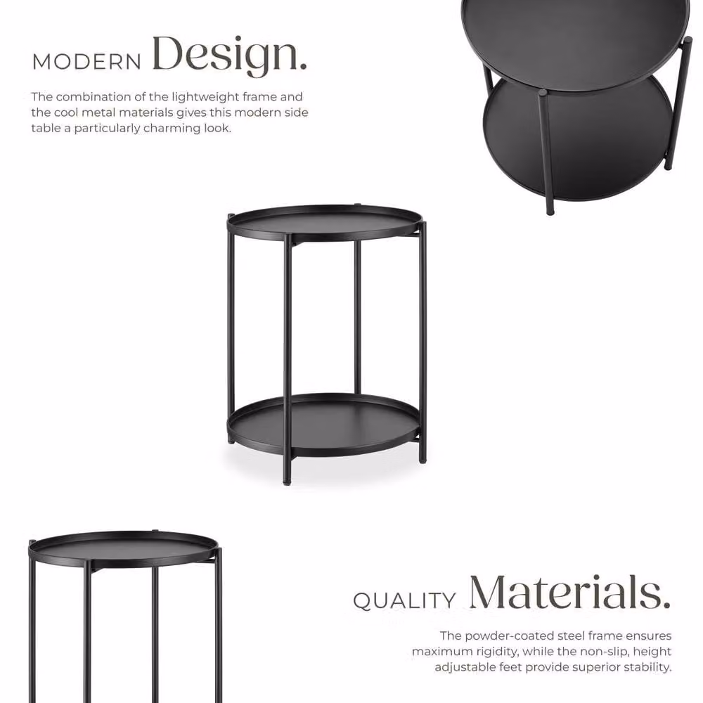 tectake Oxford Round Bedside Table with Glass Top and Metal Legs in Black – 3