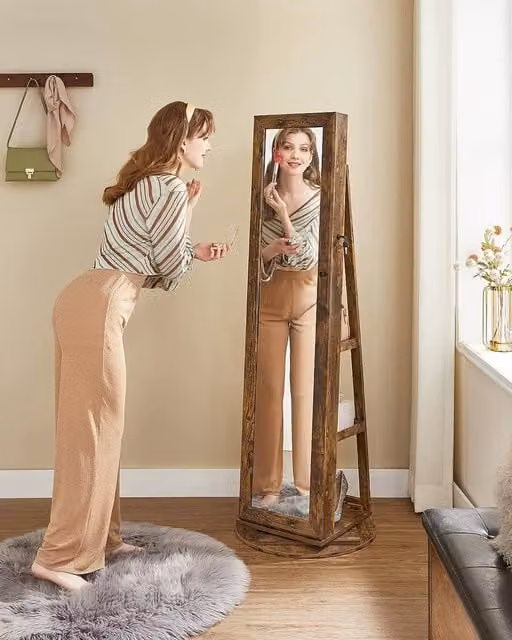 SONGMICS Freestanding Rustic Brown Jewellery Cabinet with Mirror, Internal Shelves and Lock