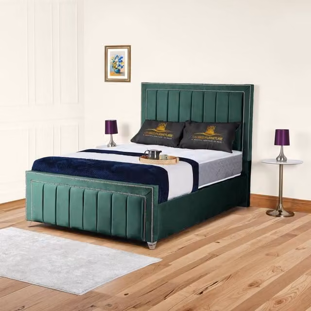 UK Bed Furniture Fiona King Size Upholstered Velvet Slatted Base Bed in Green – 1