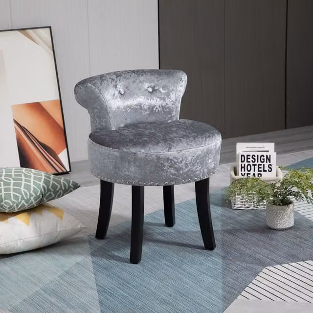 HOMCOM Grey Ice Velvet Dressing Table Stool with Rubberwood Legs