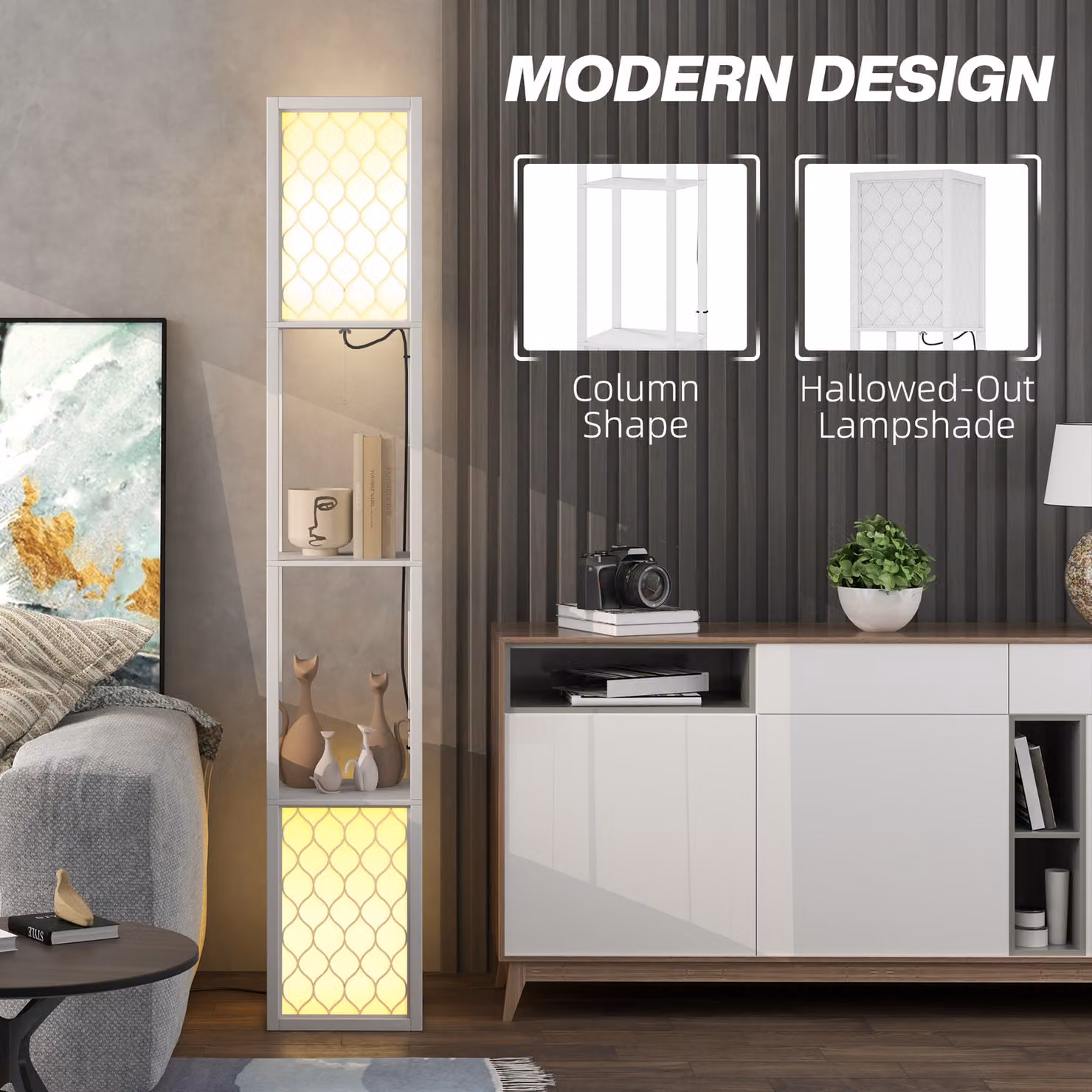 HOMCOM Modern White Floor Lamp with Shelves and Dual Up and Down Lighting – 4