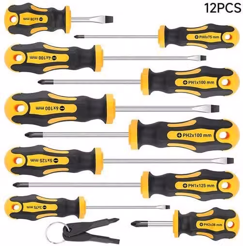 Living and Home 12-Piece Magnetic Manual Screwdriver Set with Multicolour Rubber Grips and Transparent Plastic Storage Bottle