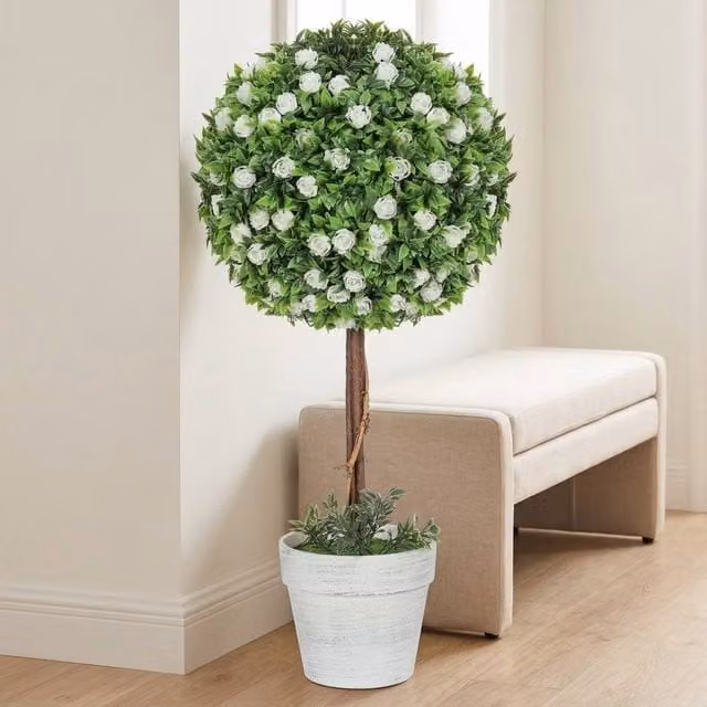 STILVORA Set of 2 Artificial Rose Topiary Plants in Green and White Pots, Height: 60 cm – 1