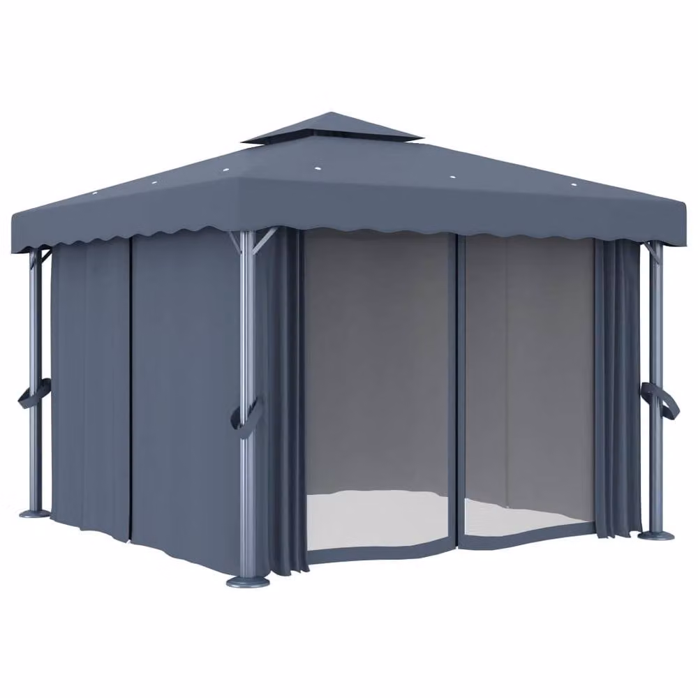 Berkfield Home Gazebo with Curtains and LED String Lights, Anthracite Dark Grey, W: 300 cm, D: 300 cm, H: 270 cm – 3