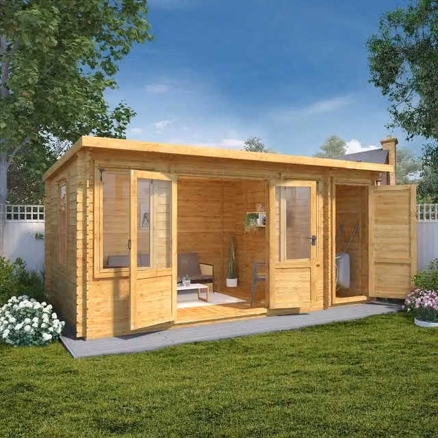 Waltons Brown Pent Log Cabin with Side Shed, 19mm Wood, W: 5.1 m, D: 3 m