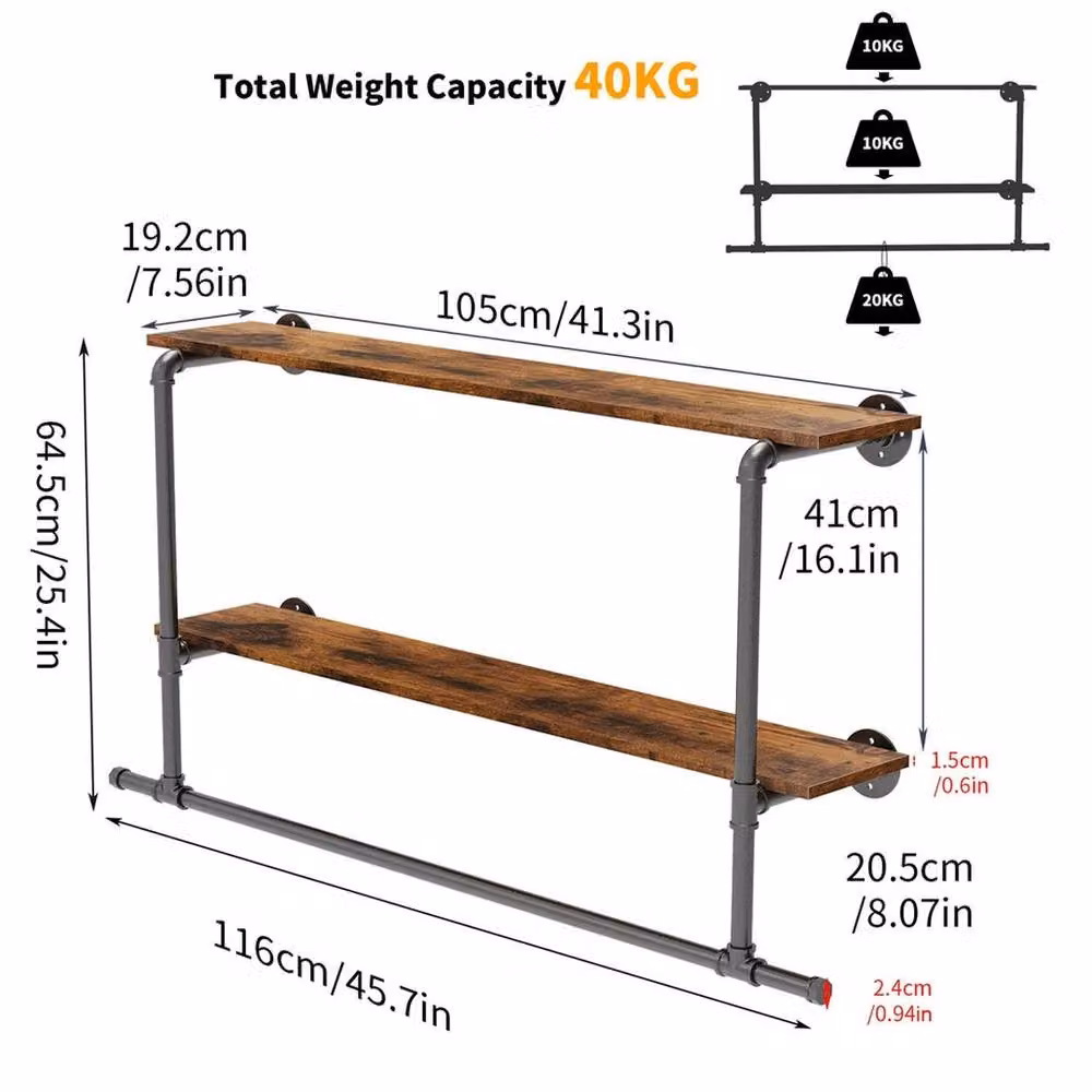 FORGEVIO Wall Mounted Industrial Pipe Garment Rack with 2 Tier Metal Storage Shelves in Black and Brown – 2