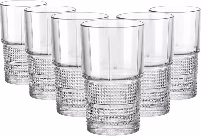 Bormioli Rocco Novecento Geometric Tumbler Highball Glasses, Clear, 405 ml, Pack of 6