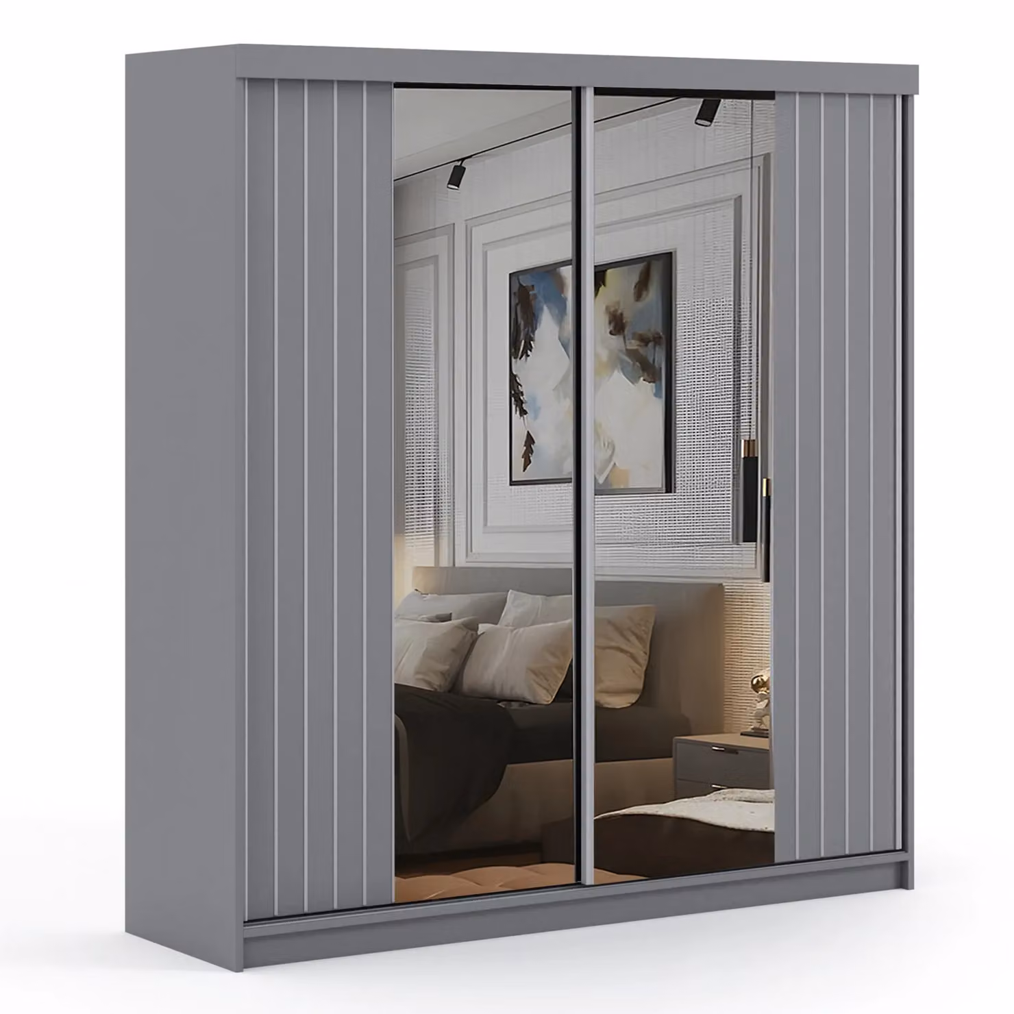 Sliding Wardrobes 4U Modern Double Sliding Wardrobe with Integrated LED Lighting in Grey, W: 203 cm, H: 217 cm, D: 62 cm – 2