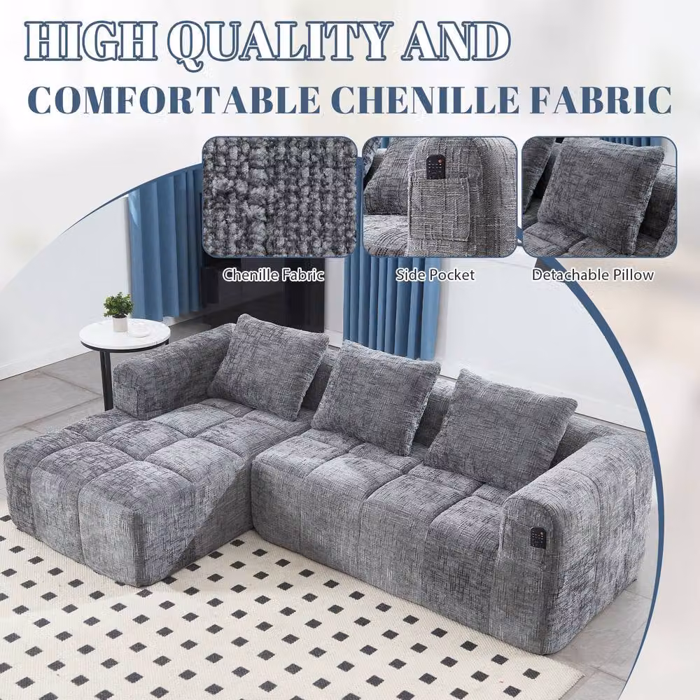 FENCHILIN Modular L-Shaped Sectional Sofa in Grey Chenille with Reversible Fabric and Removable Covers – 2