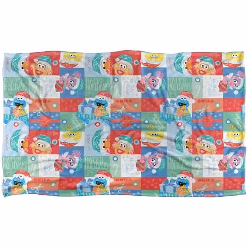 LOGOVISION Sesame Street Happy Holiday Squares Pattern Super Soft Silky Feel Fleece Blanket, Multicolour – 1