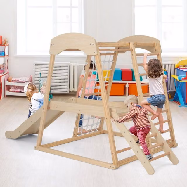 Costway 6-in-1 Kids Indoor Jungle Gym Playground in Brown Wood