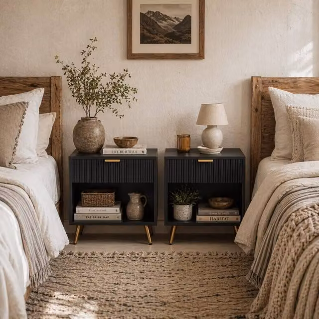 Wyld Haus Sota Set of 2 Black and Gold Ribbed Bedside Tables with Drawer and Shelf – 1