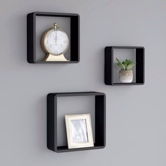 Berkfield Home Set of 3 Black MDF Wall Mounted Cube Shelves