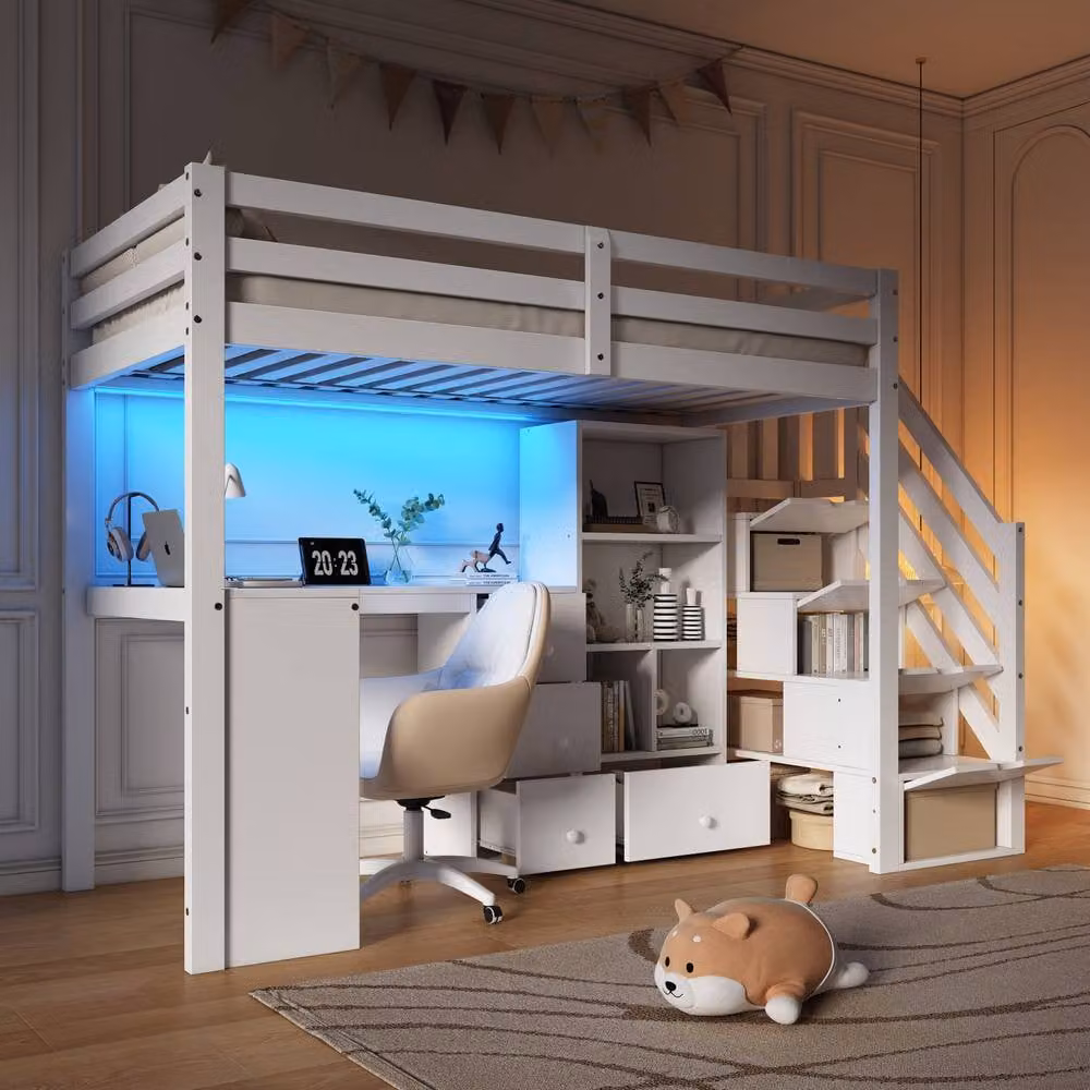 Rolipo Single Loft Bed with L-Shaped Desk, Storage Stairs and RGB LED Lighting, White, 140 x 200 cm – 2
