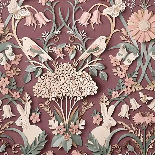 YöL Plum Purple Woodland Rabbit and Butterfly Luxury Paper Wallpaper