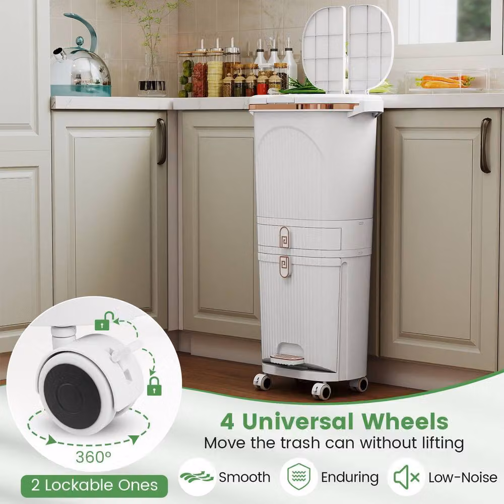 Costway 42L Kitchen Trash Can with Lid and 3-Layer Sorting System in White – 5