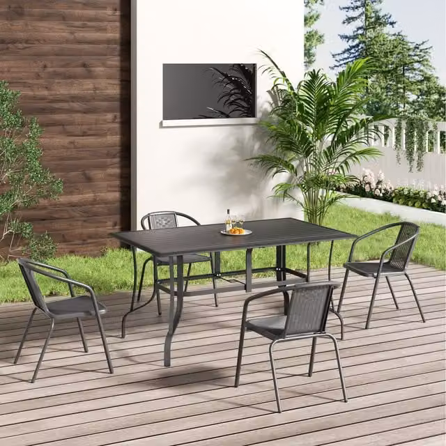Livingandhome Rectangular Metal Slatted Garden Coffee Table and 4 Rattan Chairs in Dark Grey, W: 150 cm
