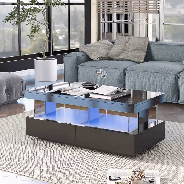 BTM High Gloss Coffee Table with LED Storage Drawers in Black, W: 60 cm, D: 49.5 cm, H: 35.76 cm