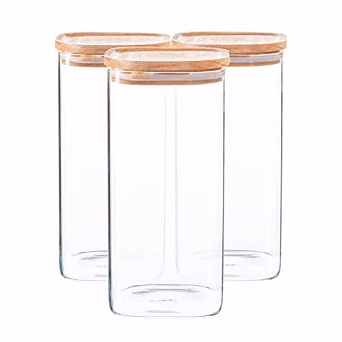 Argon Tableware 3 Pack Square Glass Storage Jars with Airtight Wooden Lids, 1.5 l, Transparent – 1