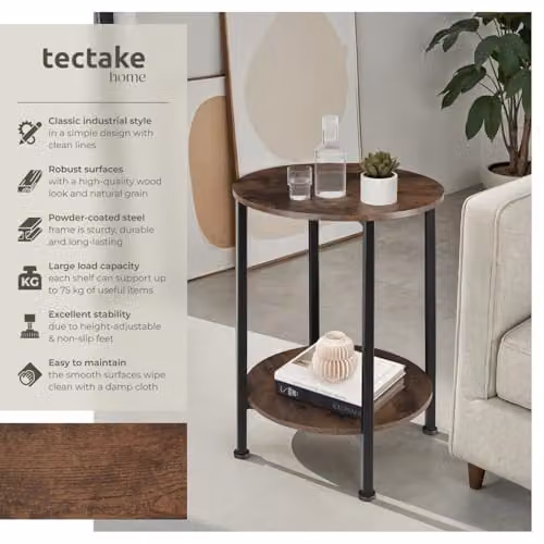 tectake Ballina Bedside Table in Dark Brown with Industrial Design, Diameter: 45 cm, Height: 64 cm – 4