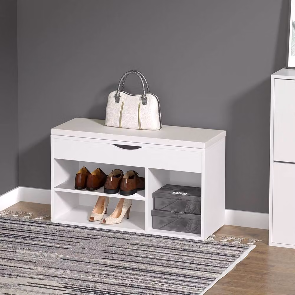 FORGEVIO Wooden Shoe Cabinet Bench with Padded Synthetic Leather Seat in White and Multicolour – 4