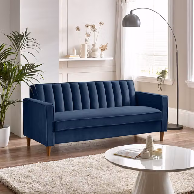 Furniturebox Kit 3 Seater Navy Blue Velvet Fabric Sofa