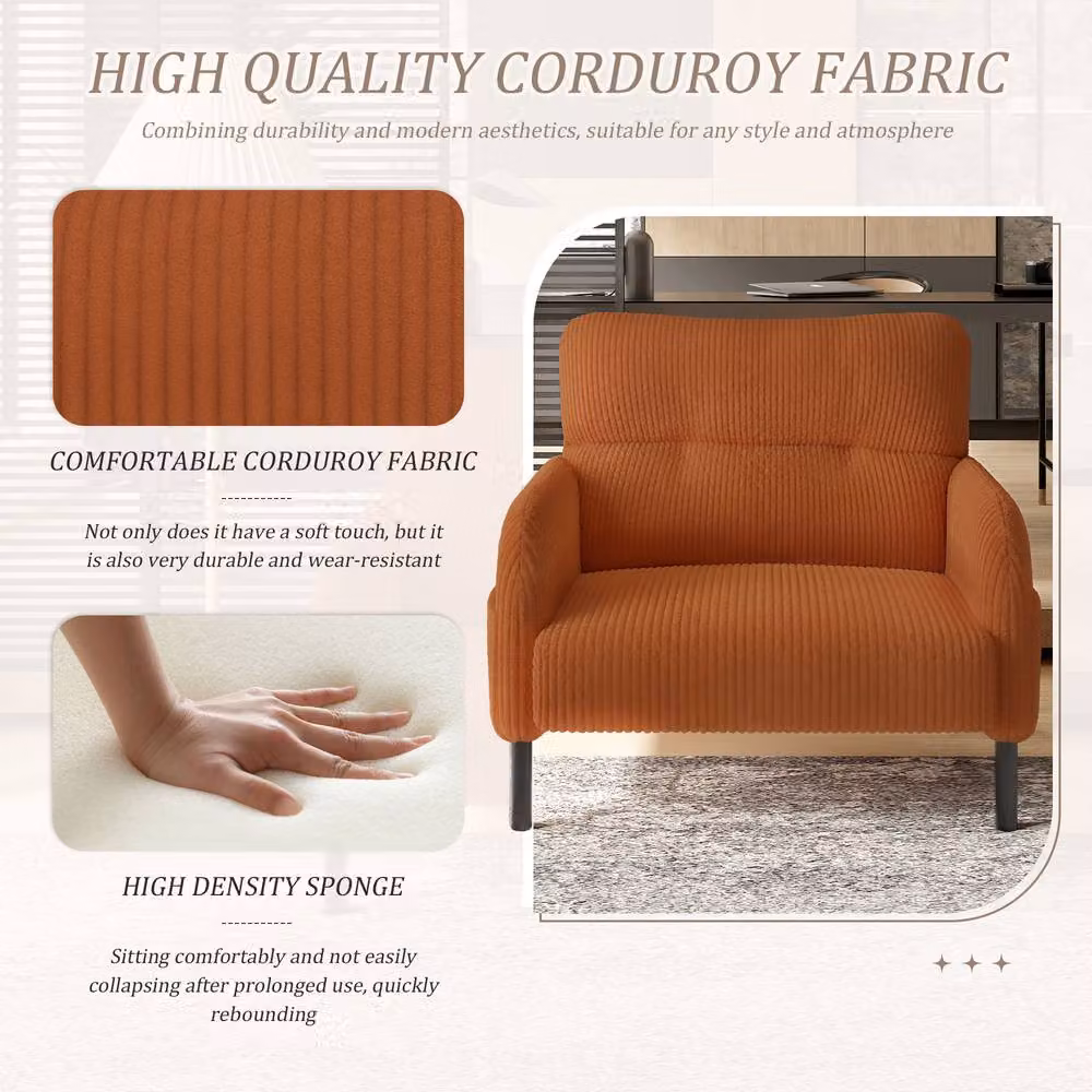 Direct Wicker Orange Corduroy Single Armchair with Solid Wood Frame and Foam Padding – 5