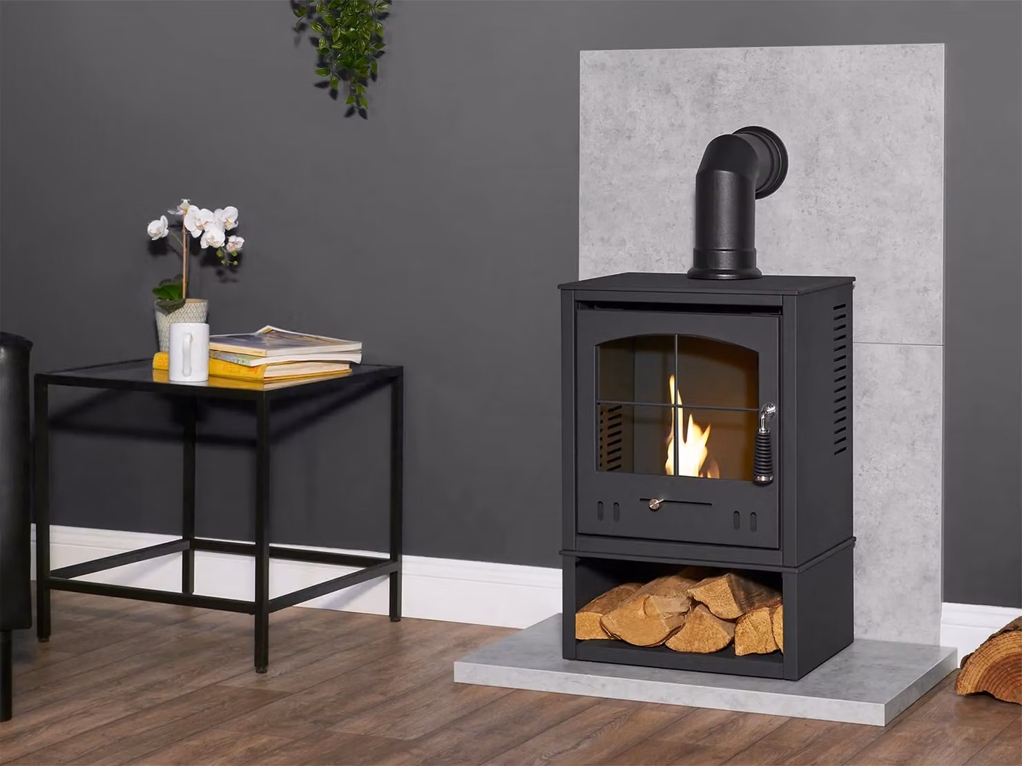 Acantha Fires & Fireplaces Tile & Hearth Set in Concrete Effect with OKO S2 Ethanol Stove and Angled Pipe in Black and Grey – 2
