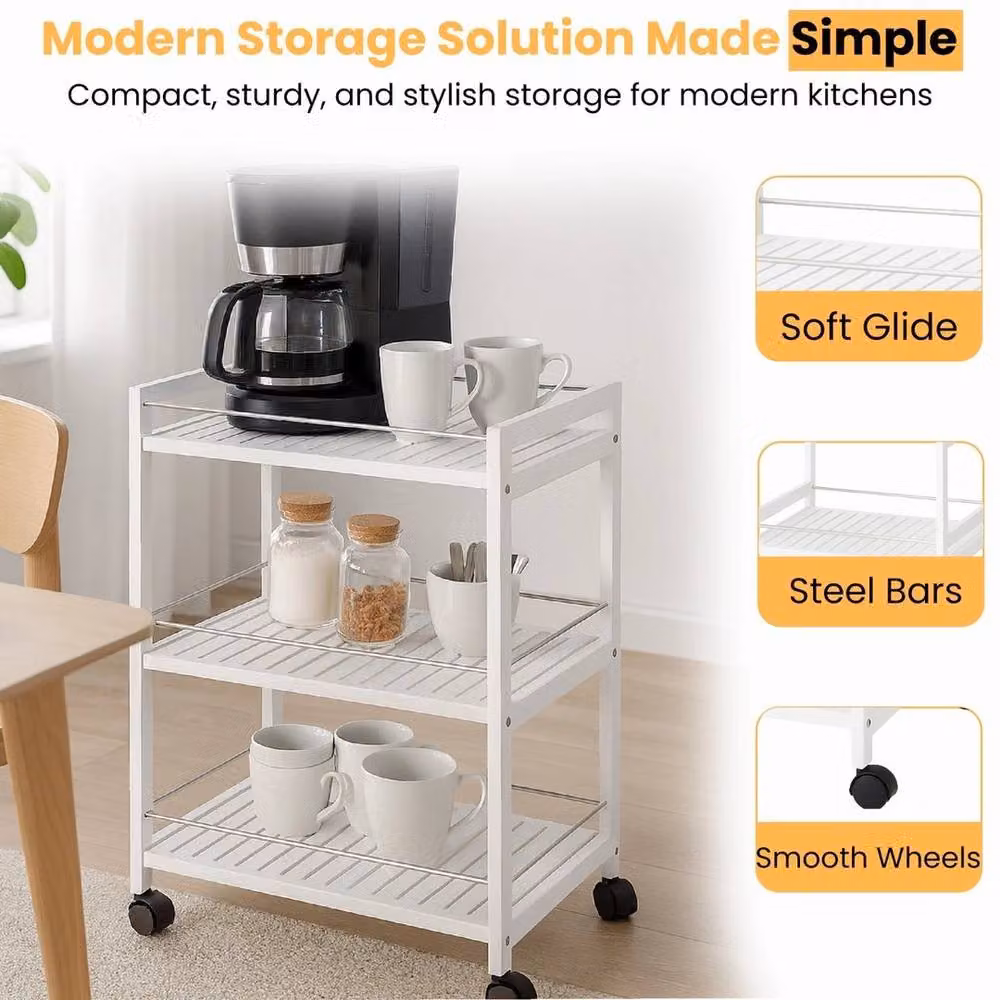 PAWNORA 3 Tier Wooden Kitchen Serving Trolley with Steel Bars and Castors in White – 2