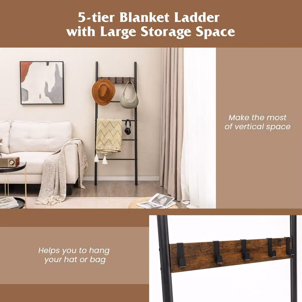 Costway 5-Tier Wooden Blanket Holder Ladder Shelf with 5 Hooks in Brown – 4